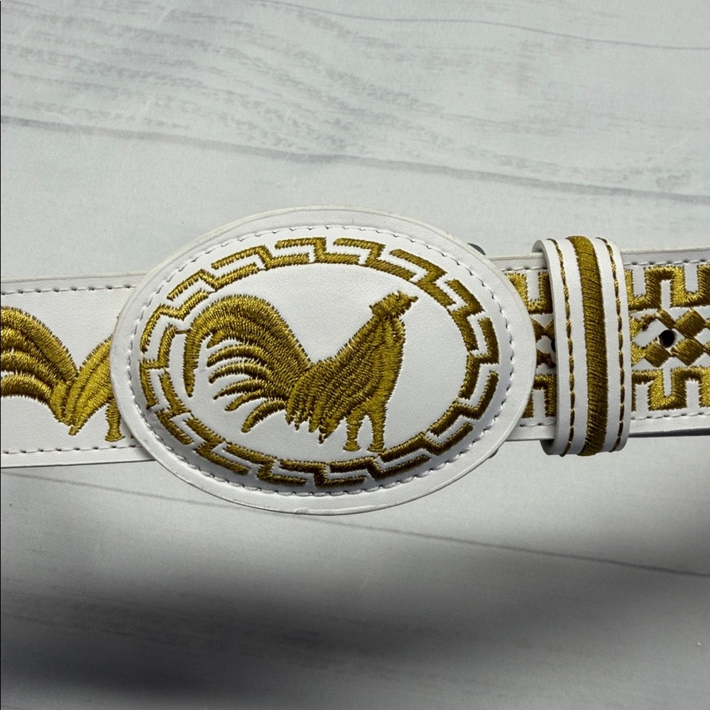 YAC White and Gold Leather and Silk Rooster Design Western Cowboy Belt Size 38 - Picture 3 of 6